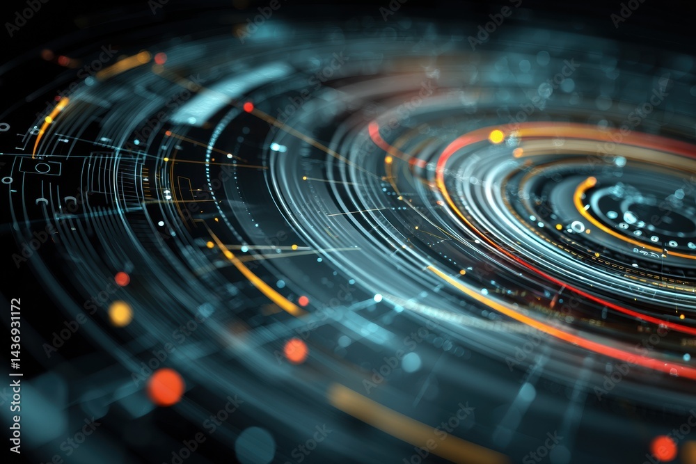 Poster Futuristic HUD Interface Showcasing Circular Radar and Dynamic Motion Trails in a High-Tech Environment