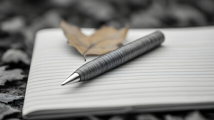 Gray pen resting on lined notebook pages amongst fallen leaves.