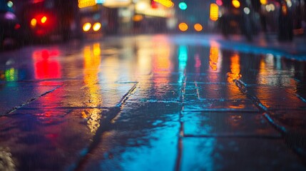 Rainy Night Cityscape Reflections Wet Pavement Urban Night Lights