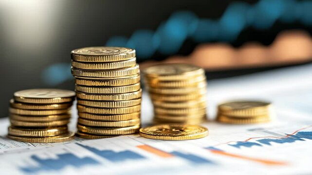 Gold coins stacked in stacks on financial charts.