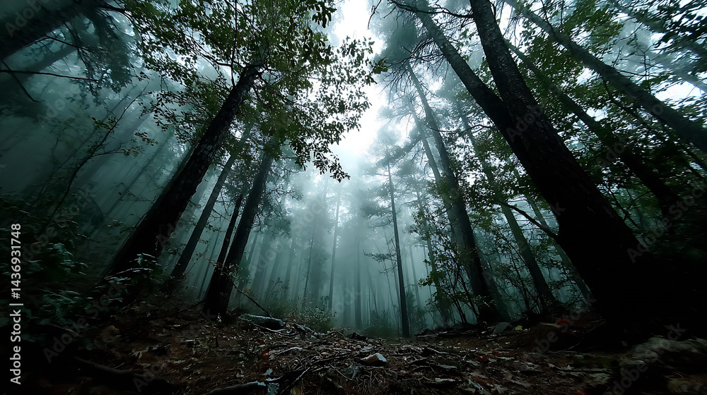Aufkleber Mysterious Misty Forest with Tall Trees and Soft Light Filtering Through the Canopy : Generative AI