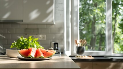 a plate of watermelons on a kitchen counter