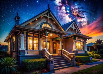 Fototapeta premium Night Photography: Luxurious Bungalow Exterior, Vivid Paint, Intricate Architecture