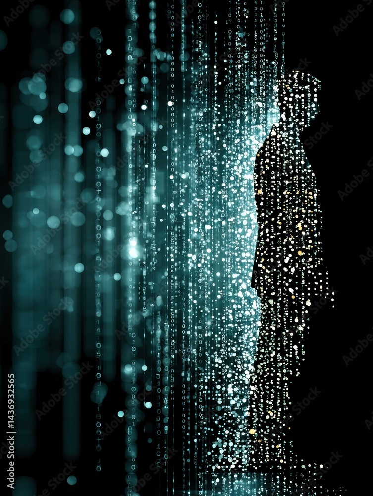 Leinwandbilder Silhouette Merging With Binary Code and Light Nodes in a Digital Landscape