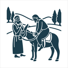 Good Samaritan Helping Man Onto Donkey Illustration Good Samaritan Man helping another onto a donkey