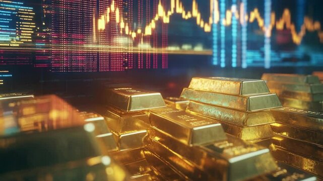 Gold bars stacked against financial data.