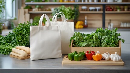 Eco-conscious shopper filling reusable bags into shopping cart at organic market.