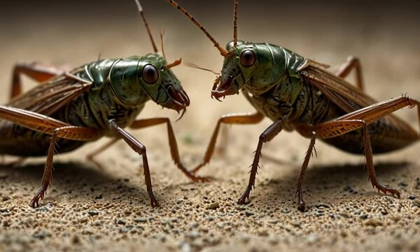Two green katydids face off on sandy ground, close-up