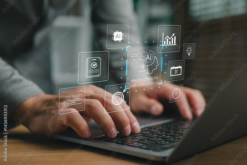 Poster hand typing on laptop with ai productivity tools, task management icons, checklist system, and digit