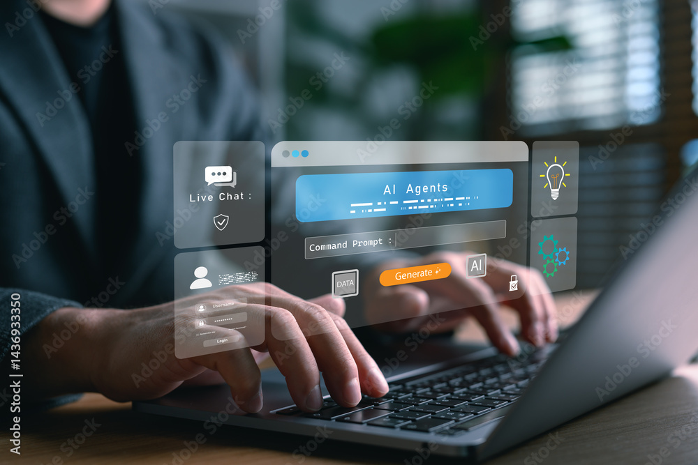 Poster businessman using laptop with ai agent platform, prompt command generation, live chat system, and ar