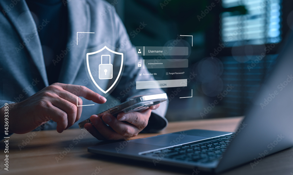 Poster businessman using smartphone with login authentication, password protection, cybersecurity shield, a