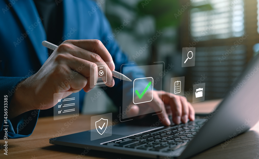 Fototapete Businessman using digital pen and laptop with online document approval system, task checklist management, and secure data verification concept for digital workflow and business automation.