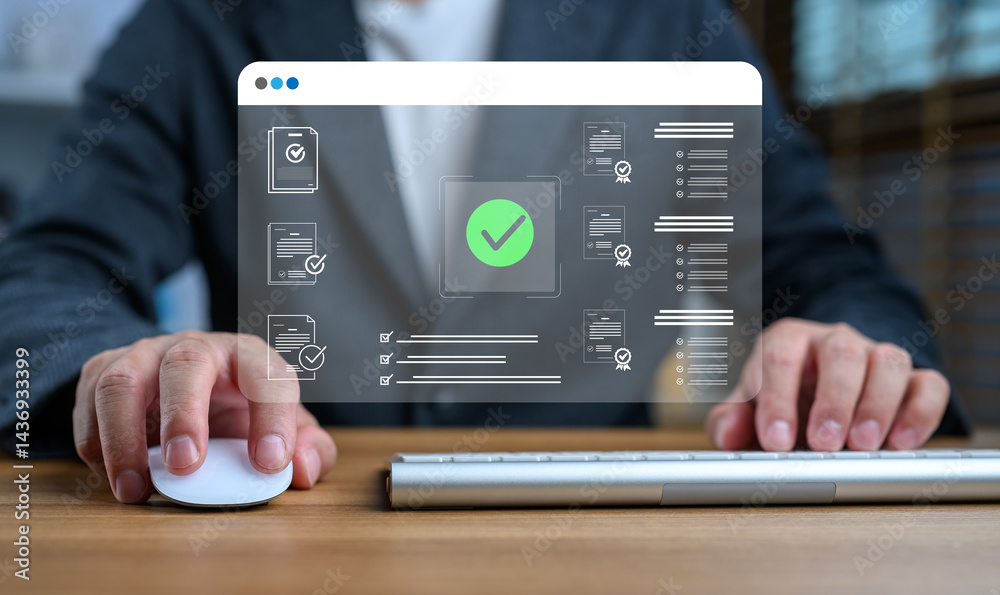 Aufkleber Businessman using computer mouse and keyboard to complete digital document verification process, with holographic checkmark and contract icons, representing online approval and certification.