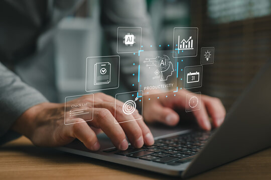 Hand typing on laptop with AI productivity tools, task management icons, checklist system, and digital innovation concept for boosting business performance and operational efficiency.