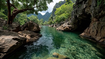 River, rocks, trees, cave