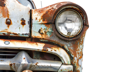 Vintage Old Rusty Car Front Part with Broken Headlight - Retro Auto Restoration Concept