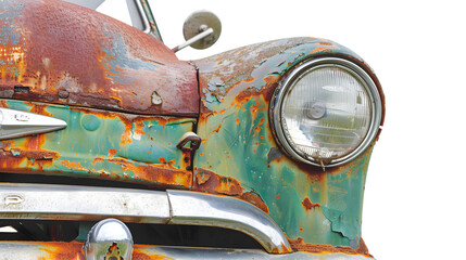 Detailed close-up of vintage rusty green car front part with emblem