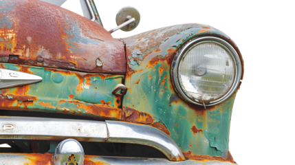 Detailed close-up of vintage rusty green car front part with emblem