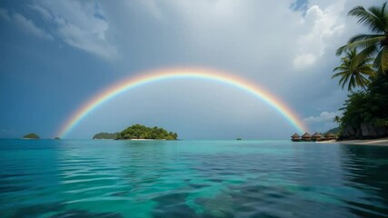 Rainbow over tropical water and islands