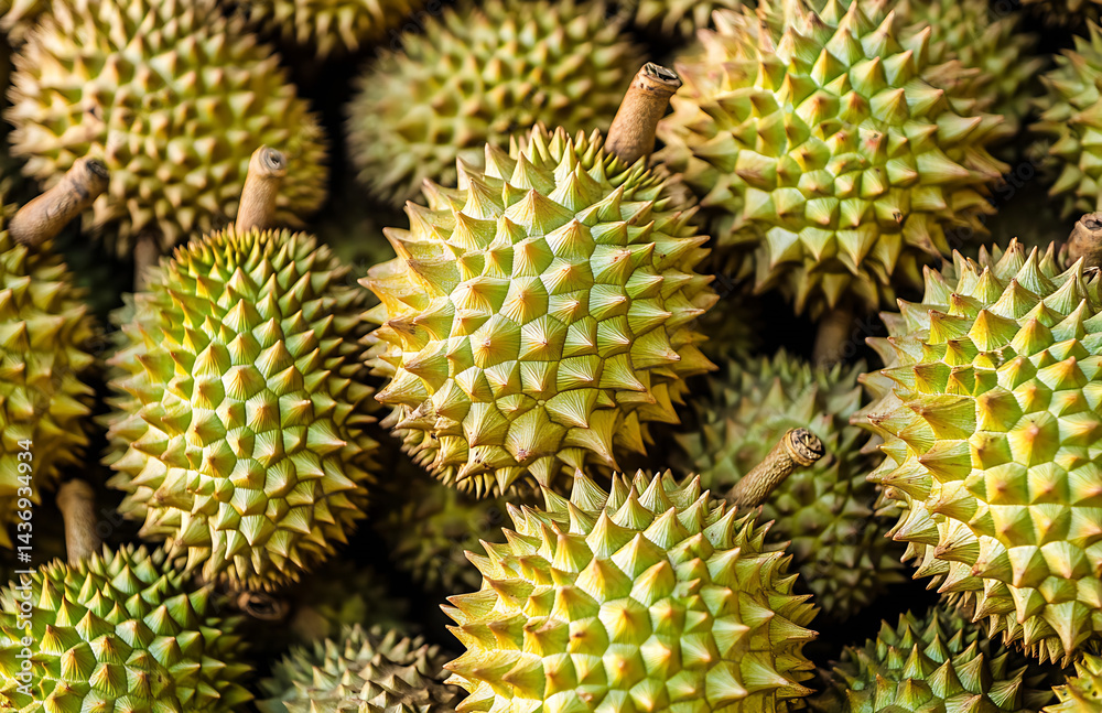 Poster freshly harvested durians with spiky outer shells showcasing vibrant greenish tones : generative ai