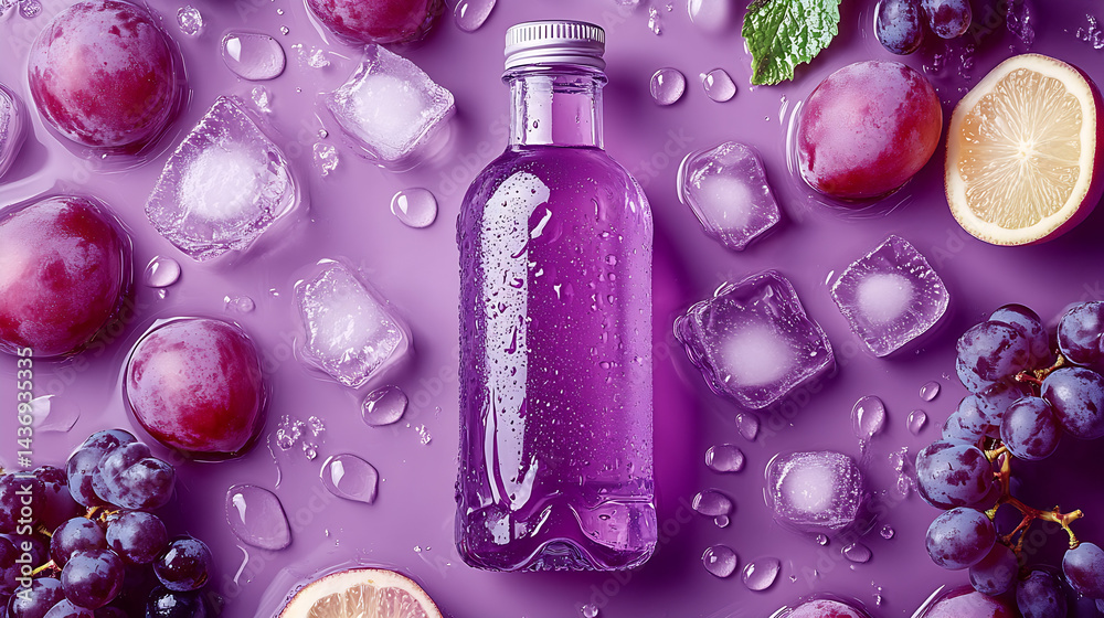 Poster refreshing purple grape drink surrounded by ice cubes and lemon slices on a vibrant purple backgroun