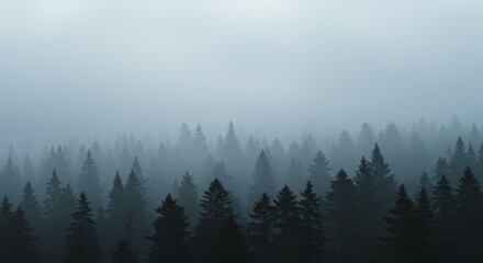 Obraz premium Misty evergreen forest silhouette creating a moody atmosphere with layers of pine trees shrouded in fog and a blue gray color palette evoking tranquility