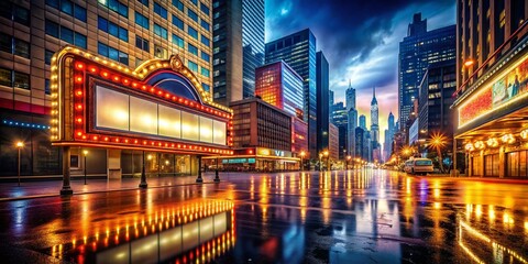 Obraz premium Panoramic Retro Lightbox and Broadway Marquee Sign in Vibrant Cityscape at Night