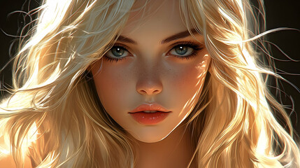 Fototapeta premium Close-up digital portrait of a young woman with radiant blond hair.