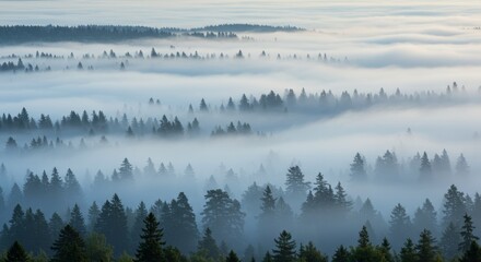 Obraz premium Misty forest landscape with fog rolling over evergreen trees at sunrise creating a dreamy and serene atmosphere showcasing nature's beauty