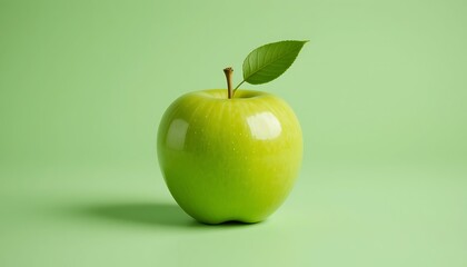 Fresh Green Apple Still Life with Leaf on a Matching Background