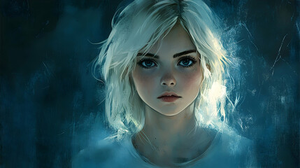 Close-up portrait of a young girl with thoughtful expression.