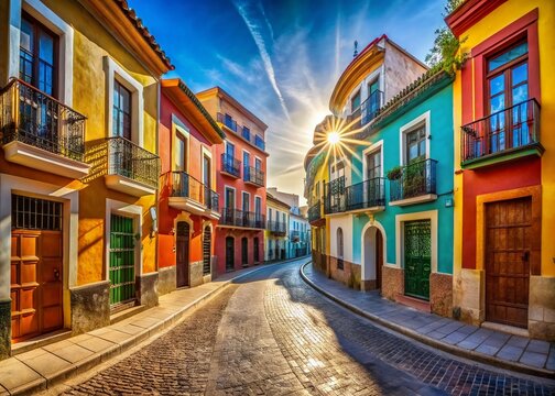 Fototapeta Panoramic View of a Sunny Spanish Street, Vibrant Architecture and Cobblestone Road