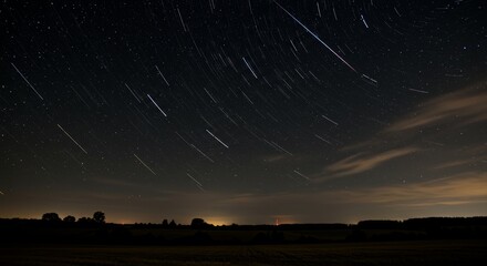 Night sky star trails time lapse over rural landscape with distant light pollution creating an ethereal and captivating scene