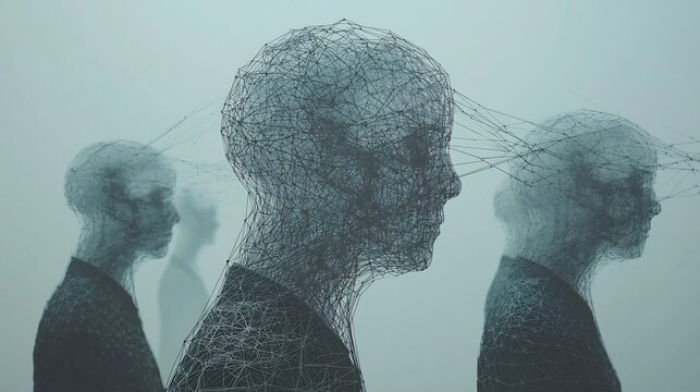 Wireframe Human Heads with Connections on Gray