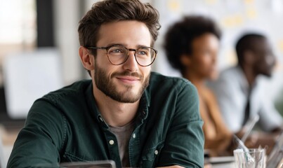 Thoughtful young man in a meeting, focused on the future, in a modern office setting.  Possible use Stock photo for business, career, or leadership articles or presentations