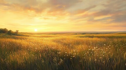 Fototapeta premium Golden Sunset over a Serene Grassland Field