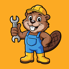 Cartoon Beaver Mascot Holding Wrench Construction Logo © Joni