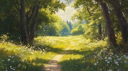 Obraz premium Sunny Forest Path Meadow Wildflowers Summer Nature Trail Walk