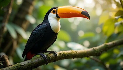 Naklejka premium Toucan Perched on Branch in Lush Green Rainforest