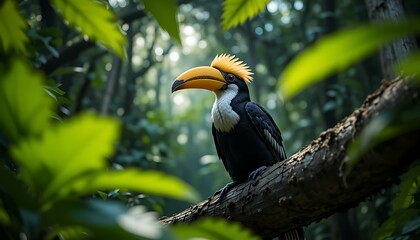 Hornbill Resting on Branch in Lush Forest Canopy