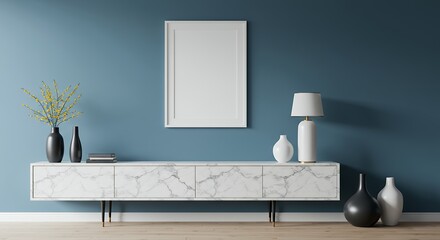 unpopulated pale colored rectangular border positioned blue vertical surface within contemporary living space designed minimalist style providing unoccupied free area your visual content