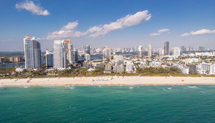 Miami Beach aerial drone view with skyline. Miami from above. Drone view of Miamis famous...