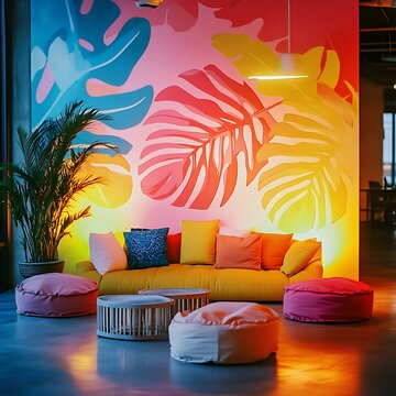 Vibrant tropical-themed lounge area with bold color palettes.