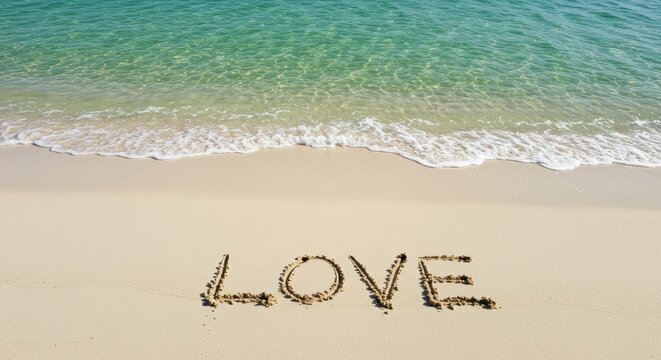 Serene beach scene featuring the word LOVE written in the sand near turquoise water