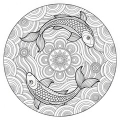 Intricate Line Art of Koi Fish in a Circular Pattern Design