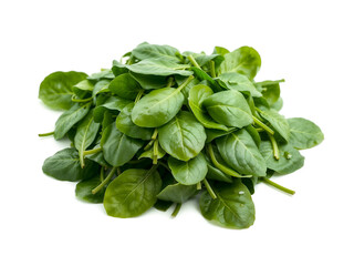 Fototapeta premium Fresh bunch of green spinach leaves isolated on white background. Generative AI
