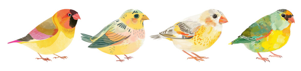 Obraz premium PNG Colorful watercolor birds illustration, element set on transparent background