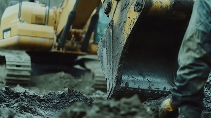 Close-up of an excavator bucket digging into soil at a construction site