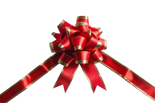 Elegant Red Gift Bow with Gold Trim on Ribbon Isolated on White for Celebration Concepts: Festive Decoration Imagery: Bow, Red, Gold, Ribbon, Gift, Isolated, White, Celebration, Festive, Decoration.