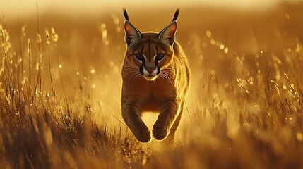Obraz premium A caracal mid-pounce in dry grasslands, ears sharply tipped and pointed upward, focused eyes, strong paws extended forward, golden light of evening illuminating its reddish-brown coat, dynamic action 